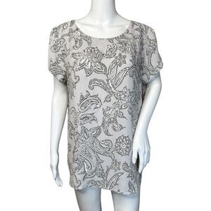Loft Shirt Womens Large Gray White Paisley Blouse‎ Neutral Cutout Office Casual